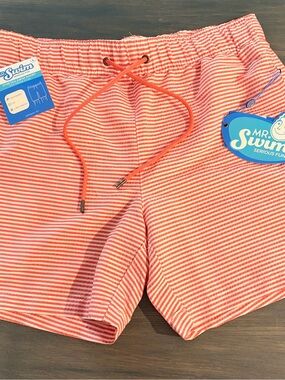 NWT. Mr.Swim Coral and White Striped Swim Shorts. Size Large.